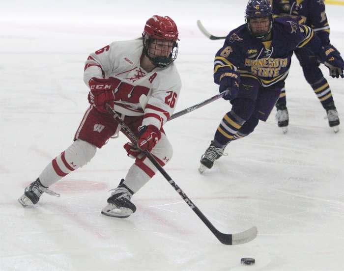 Wisconsin's Casey O'Brien handles the puck during the period of the team's hockey game with Minnesota State Saturday Feb. 25, 2023 at LaBahn Arena in Madison, Wis. Uwice Minnesota State 1 Feb 25 2023